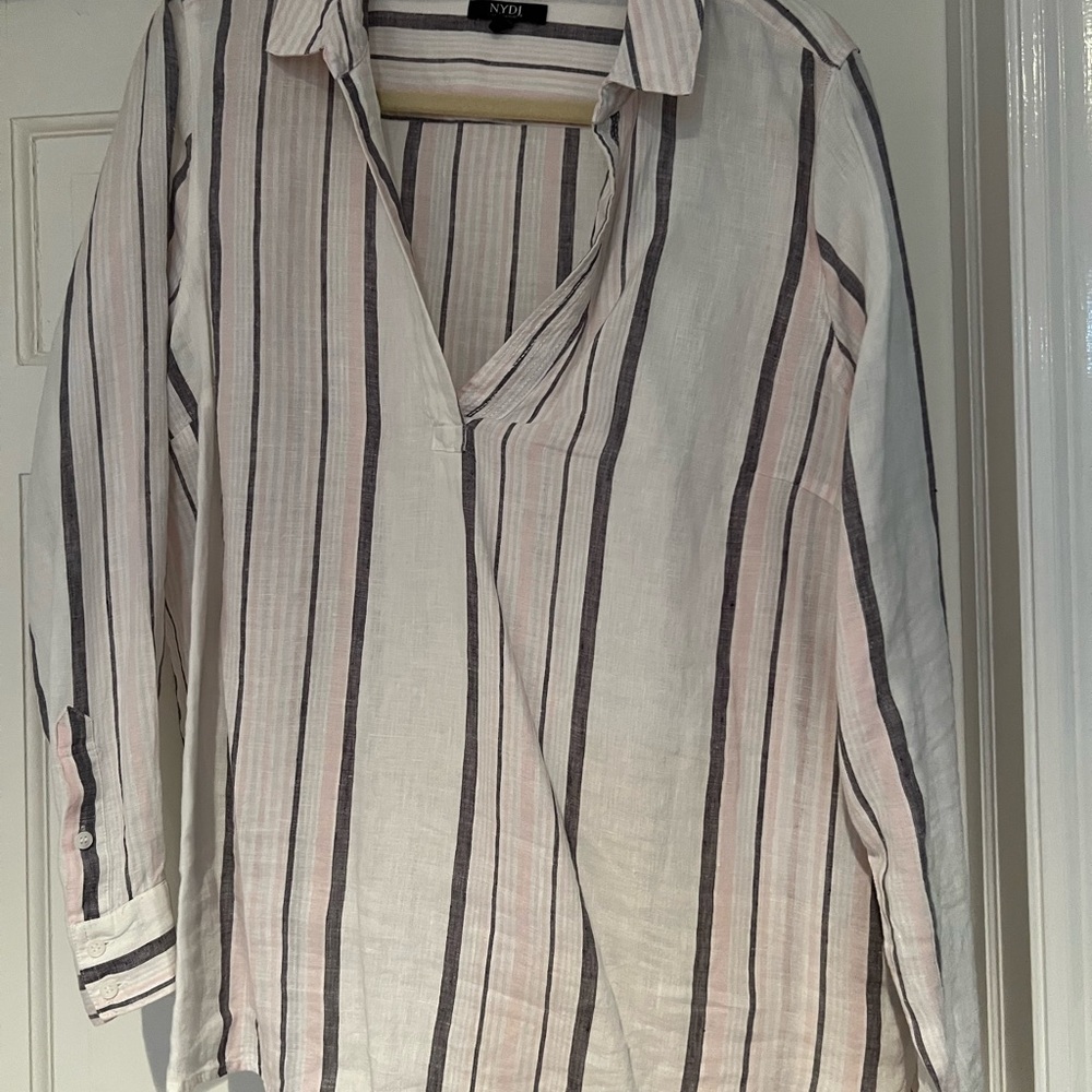 NYDJ STRIPED LINEN TOP SIZE, XL, WHITE, GREY, PINK